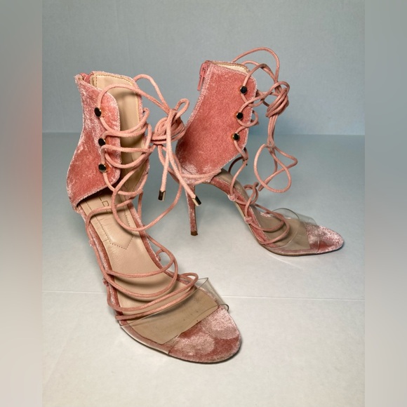 Aldo GUC Size 6 Somerly Lace Up Pink Velvet Heels - Picture 1 of 8